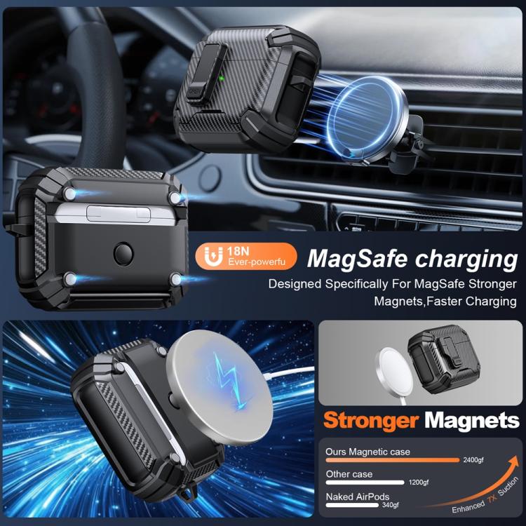 Estuche magnético MagSafe de dos colores con diseño de fibra de carbono para AirPods 4 (negro)