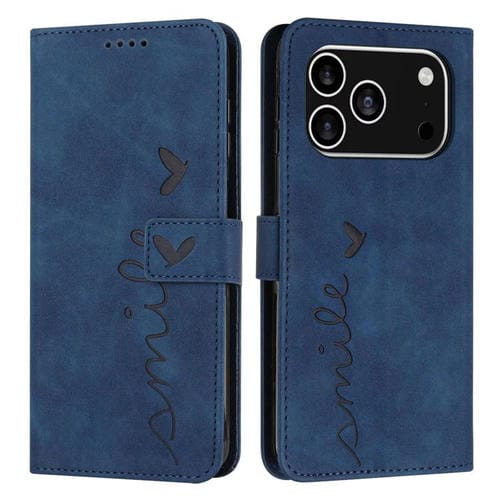 Funda de piel con relieve de corazón para iPhone 17 Pro con cordón largo (azul)