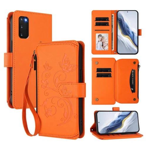 Funda de cuero con cremallera para Samsung Galaxy S20 FE, diseño de mariposas, flores y amor, con múltiples tarjetas (naranja)