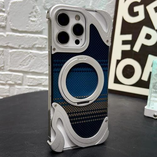 Funda de metal sin marco para iPhone 15 Pro con rotación de 360 grados y soporte MagSafe (plateada)