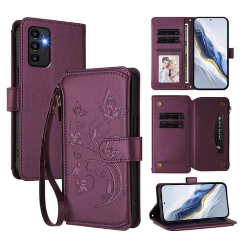 Funda de cuero con cremallera para Samsung Galaxy A13 4G / 5G / A04 4G, diseño de mariposas y flores (morado oscuro)