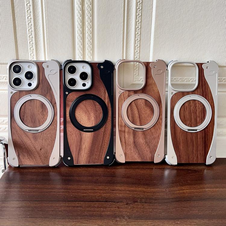 Funda de metal sin marco para iPhone 15 Pro Max, color nogal, con rotación de 360 grados y soporte MagSafe (color titanio)