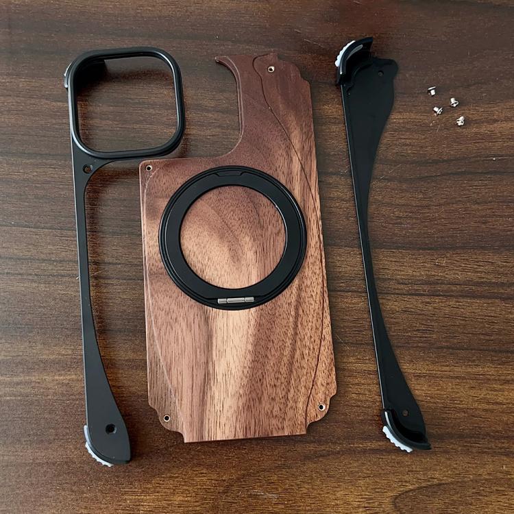 Funda de metal sin marco para iPhone 15 Pro Max, color nogal, con rotación de 360 grados y soporte MagSafe (color titanio)