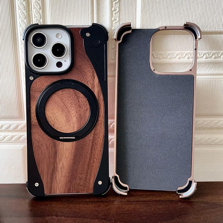 Funda de metal sin marco para iPhone 15 Pro, color nogal, con rotación de 360 grados y soporte MagSafe (dorado postre)
