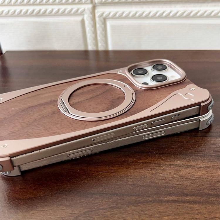Funda de metal sin marco para iPhone 15 Pro Max, color nogal, con rotación de 360 grados y soporte MagSafe (color titanio)