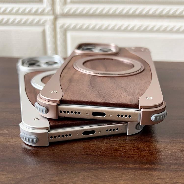 Funda de metal sin marco para iPhone 15 Pro Max, color nogal, con rotación de 360 grados y soporte MagSafe (color titanio)