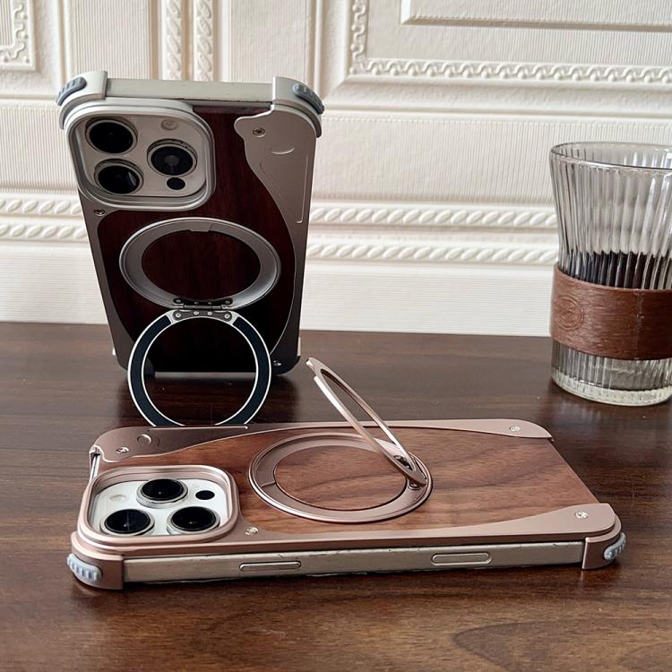 Funda de metal sin marco para iPhone 15 Pro, color nogal, con rotación de 360 grados y soporte MagSafe (dorado postre)