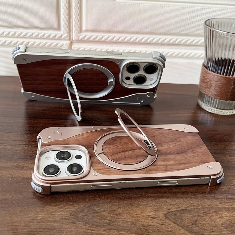 Funda de metal sin marco para iPhone 15 Pro Max, color nogal, con rotación de 360 grados y soporte MagSafe (color titanio)