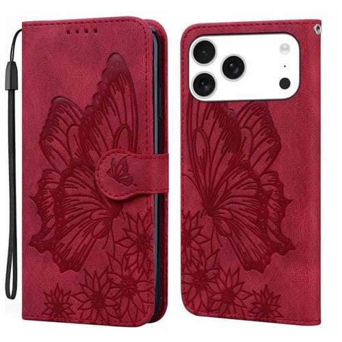 Funda de cuero con tapa horizontal y diseño de mariposas en relieve retro para iPhone 17 Pro Max (roja)