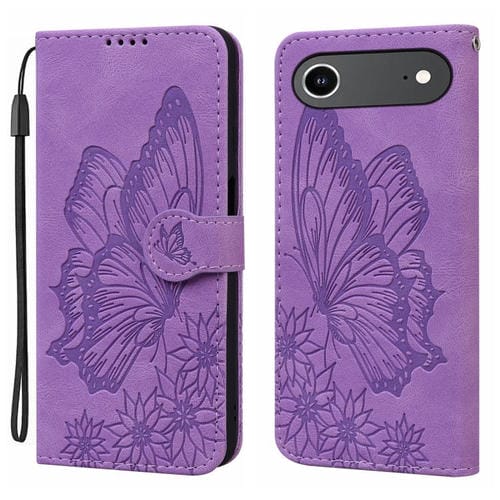 Funda de cuero con tapa horizontal y diseño retro de mariposas en relieve para iPhone 17 Air (morado)
