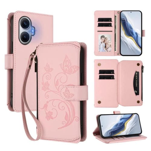 Funda de cuero con cremallera para Redmi Turbo 4 Pro y Xiaomi Poco F7, diseño de mariposas, flores y mariposas (rosa)