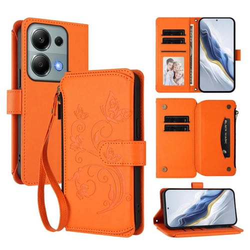 Funda de cuero con cremallera para Redmi Note 14S 4G / Note 13 Pro 4G, diseño de mariposas, flores y múltiples tarjetas (naranja)
