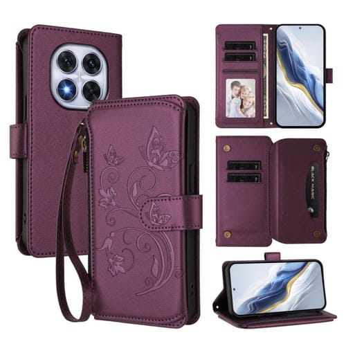 Funda de cuero con cremallera para Redmi Note 14 Pro 5G / Note 14 Pro+ 5G, diseño de mariposas, flores y múltiples tarjetas (morado oscuro)