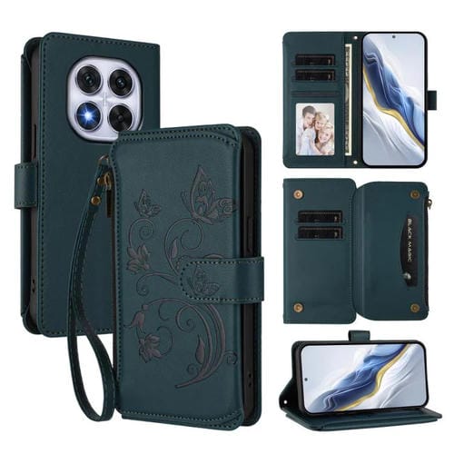 Funda de cuero con cremallera para Redmi Note 14 Pro 5G / Note 14 Pro+ 5G, diseño de mariposas y flores, con múltiples tarjetas (verde oscuro)