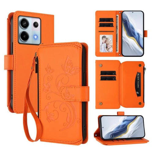 Funda de cuero con cremallera para Redmi Note 13 Pro 5G / Xiaomi Poco X6, diseño de mariposas, flores y mariposas (naranja)
