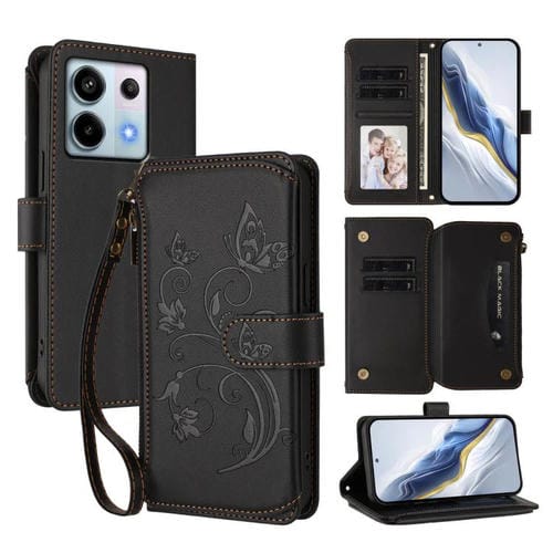 Funda de cuero con cremallera para Redmi Note 13 Pro 5G / Xiaomi Poco X6, diseño de mariposas y flores, con múltiples tarjetas (negro)