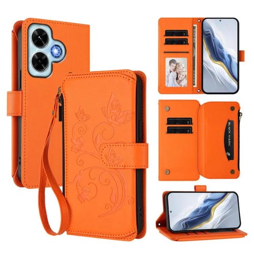 Funda de cuero con cremallera para Redmi Note 13 4G, diseño de mariposas, flores y múltiples tarjetas (naranja)