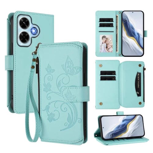 Funda de cuero con cremallera para Redmi Note 13 4G, diseño de mariposas, flores y múltiples tarjetas (verde menta)