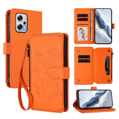 Funda de cuero con cremallera para Redmi Note 12T Pro / Redmi K50i, diseño de mariposas, flores y amor (naranja)