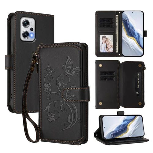 Funda de cuero con cremallera para Redmi Note 12T Pro / Redmi K50i, diseño de mariposas, flores y mariposas (negro)