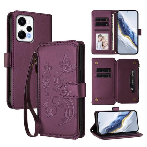 Funda de cuero con cremallera para Redmi Note 12 Turbo / Xiaomi Poco F5, diseño de mariposas, flores y mariposas (morado oscuro)
