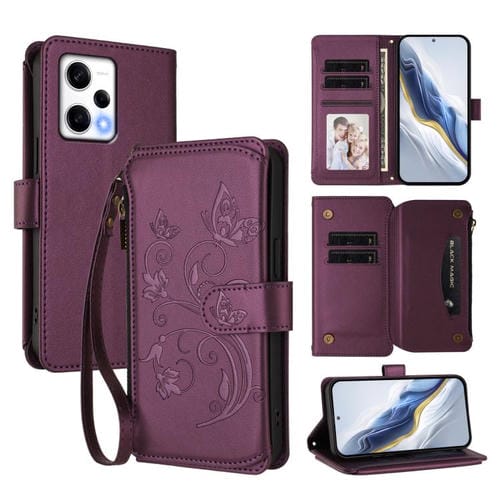 Funda de cuero con cremallera para Redmi Note 12 Pro+ Global / Note 12 Explorer, diseño de mariposas, flores y amor (morado oscuro)