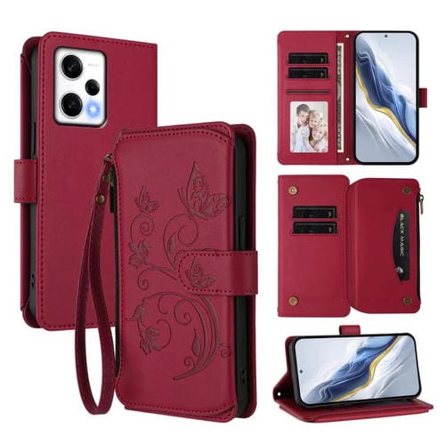 Funda de cuero con cremallera para Redmi Note 12 Pro 5G Global/Speed Butterfly Love Flower, con múltiples tarjetas (rojo vino)