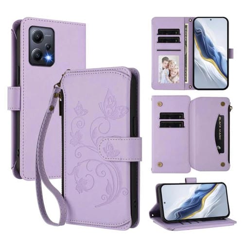 Funda de cuero con cremallera para Redmi Note 12 5G Global / Xiaomi Poco X5, diseño de mariposas, flores y múltiples tarjetas (morado claro)