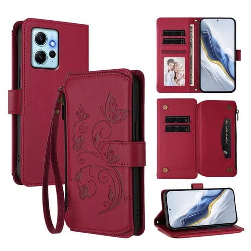Funda de cuero con cremallera para Redmi Note 12 4G Global, diseño de mariposas, flores y amor, con múltiples tarjetas (rojo vino)