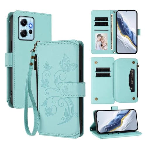 Funda de cuero con cremallera para Redmi Note 12 4G Global, diseño de mariposas, flores y amor, con múltiples tarjetas (verde menta)