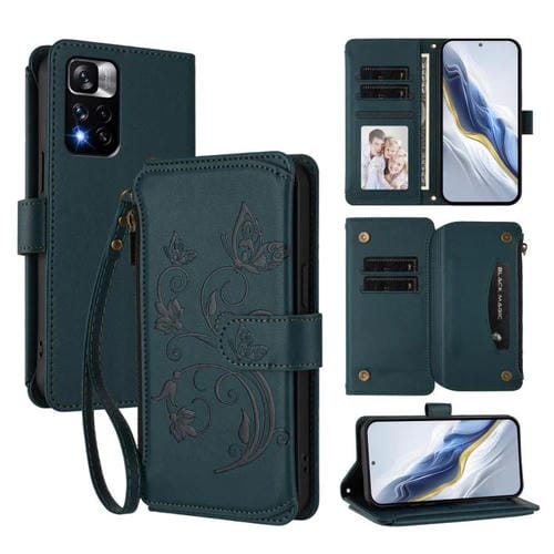 Funda de cuero con cremallera para Redmi Note 11 Pro+ 5G / Xiaomi Poco X4 NFC, diseño de mariposas y flores (verde oscuro)
