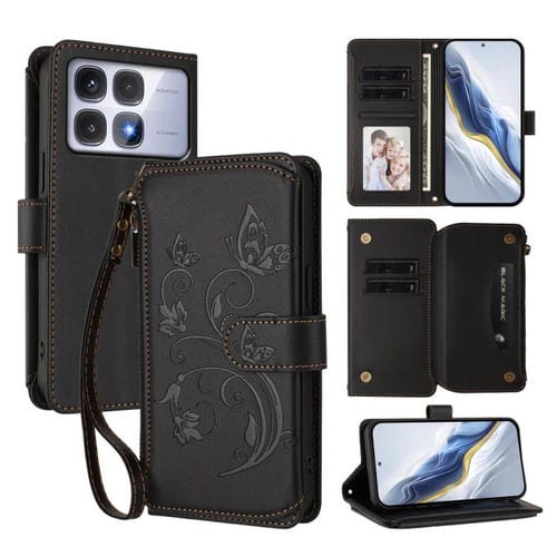 Funda de cuero con cremallera para Redmi K70 Ultra, diseño de mariposas y flores, con múltiples tarjetas (negro)