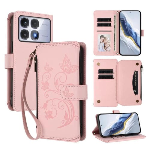 Funda de cuero con cremallera para Redmi K70 Ultra, diseño de mariposas, flores y amor, con múltiples tarjetas (rosa)