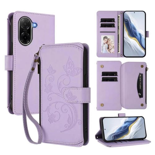 Funda de cuero con cremallera para Redmi A5 4G (173,3 mm), diseño de mariposas y flores (morado claro)