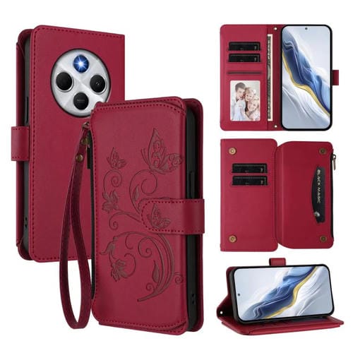 Funda de cuero con cremallera para Redmi A4 5G / A3 Pro / 14C 4G / 14R, diseño de mariposas y flores, con múltiples tarjetas (rojo vino)