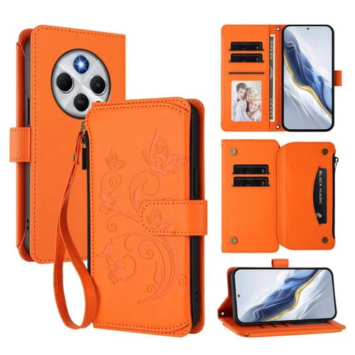 Funda de cuero con cremallera para Redmi A4 5G / A3 Pro / 14C 4G / 14R, diseño de mariposas y flores, con múltiples tarjetas (naranja)