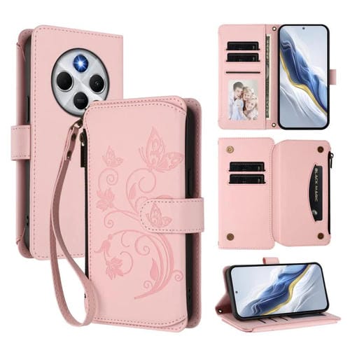 Funda de cuero con cremallera para Redmi A4 5G / A3 Pro / 14C 4G / 14R, diseño de mariposas y flores, con múltiples tarjetas (rosa)