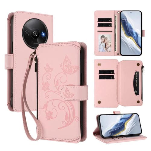 Funda de cuero con cremallera para Redmi A3 / A3x / Xiaomi Poco C61, diseño de mariposas y flores, con múltiples tarjetas (rosa)