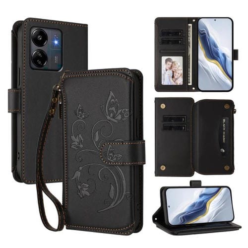 Funda de cuero con cremallera para Redmi 13C 4G / 5G / Xiaomi Poco C65, diseño de mariposas y flores, con múltiples tarjetas (negro)