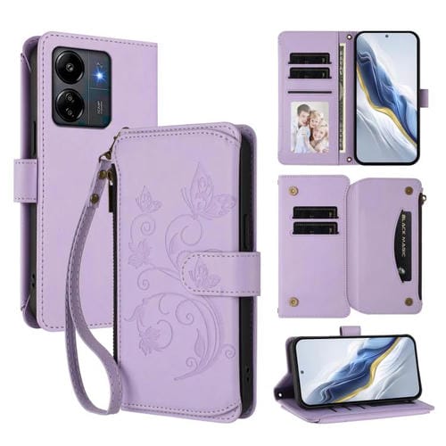 Funda de cuero con cremallera para Redmi 13C 4G / 5G / Xiaomi Poco C65, diseño de mariposas y flores, con múltiples tarjetas (morado claro)