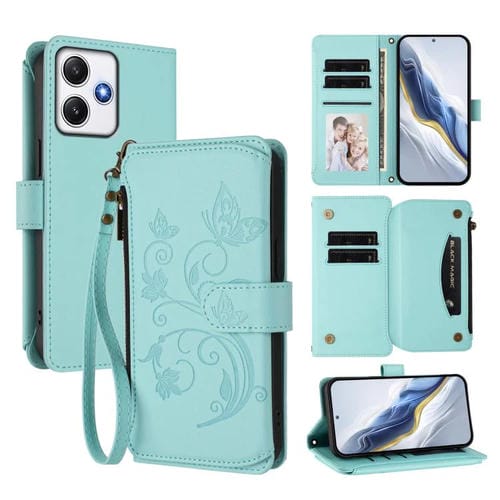 Funda de cuero con cremallera para Redmi 12 4G / 5G / Note 12R, diseño de mariposas, flores y mariposas (verde menta)