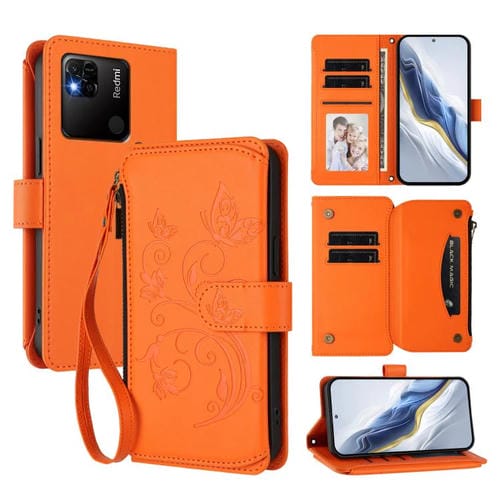 Funda de cuero con cremallera para Redmi 10A/Redmi 9C, diseño de mariposas, flores y amor (naranja)