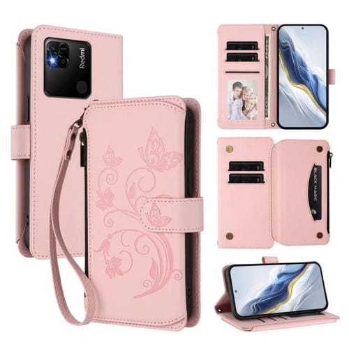 Funda de cuero con cremallera para Redmi 10A/Redmi 9C, diseño de mariposas, flores y mariposas (rosa)