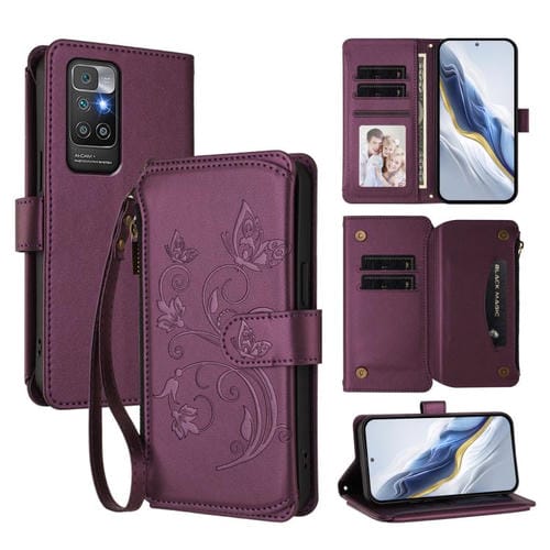 Funda de cuero con cremallera para Redmi 10 2022, diseño de mariposas, flores y mariposas (morado oscuro)