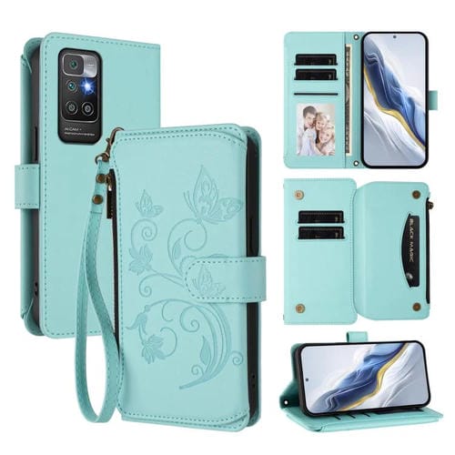 Funda de cuero con cremallera para Redmi 10 2022, diseño de mariposas, flores y mariposas (verde menta)