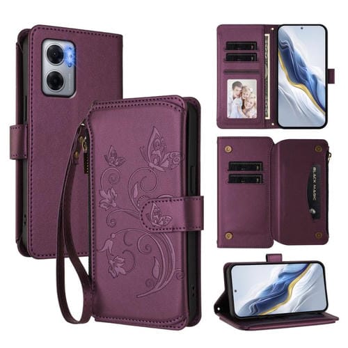 Funda de cuero con cremallera para Redmi 10 5G / Redmi 11 Prime 5G, diseño de mariposas, flores y múltiples tarjetas (morado oscuro)