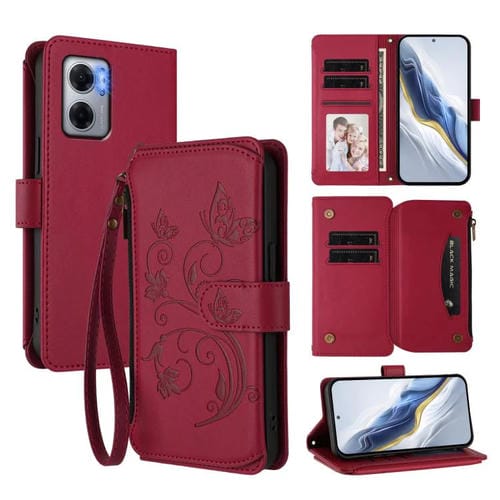 Funda de cuero con cremallera para Redmi 10 5G / Redmi 11 Prime 5G, diseño de mariposas, flores y mariposas (rojo vino)