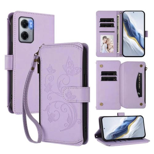 Funda de cuero con cremallera para Redmi 10 5G / Redmi 11 Prime 5G, diseño de mariposas, flores y múltiples tarjetas (morado claro)