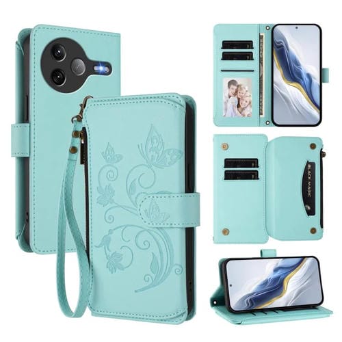 Funda de cuero con cremallera para Xiaomi Poco F7 Ultra / Redmi K80 Pro, diseño de mariposas y flores, con múltiples tarjetas (verde menta)