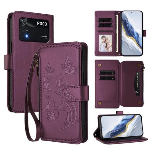 Funda de cuero con cremallera para Xiaomi Poco M4 Pro 4G, diseño de mariposas, flores y múltiples tarjetas (morado oscuro)